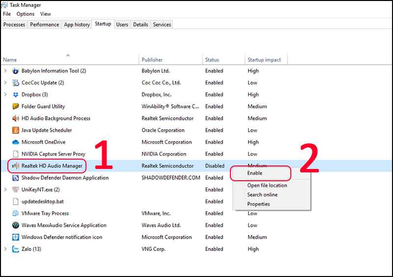 Kích hoạt Realtek HD Audio Manager trong Task Manager